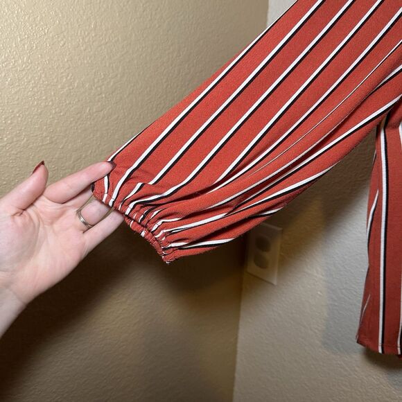 Adrianna Papell Size L Women's Blouse Orange White striped 3/4 Sleeve Top Button - Picture 3 of 5